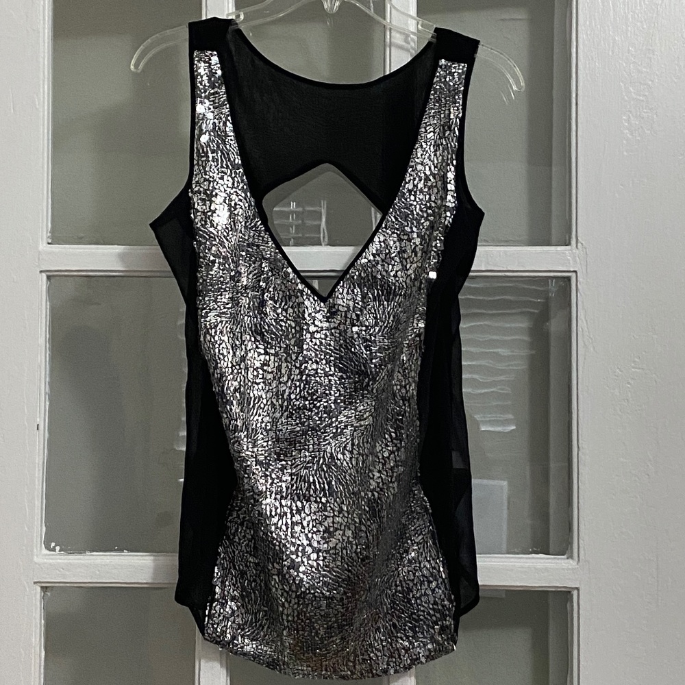 Bebe Black and Silver Foil Top